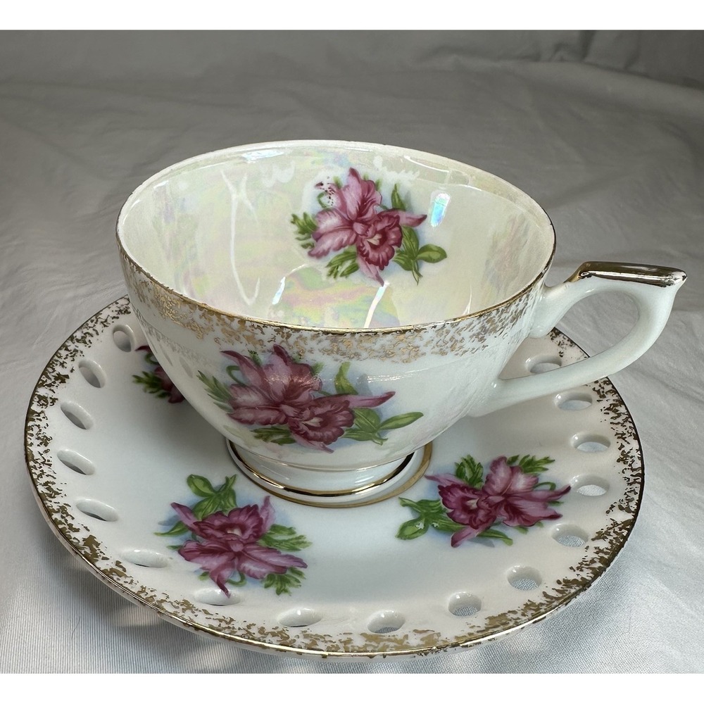 Iridescent‎ Pink Orchid Tea Cup Reticulated Saucer Lusterware Grandmillennial